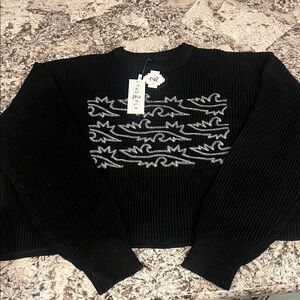 Two Fly Black Sweater Large Cropped with Silver Embroidery